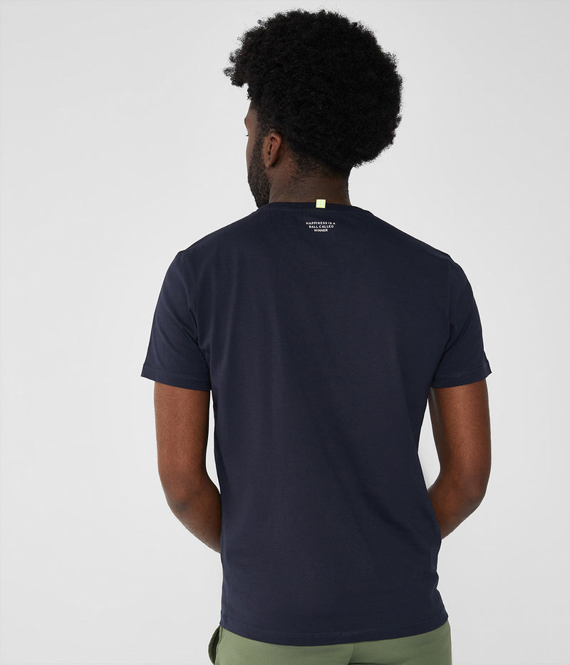 Camiseta azul marino de manga corta de algodón transpirable con logo estampado en el pecho.